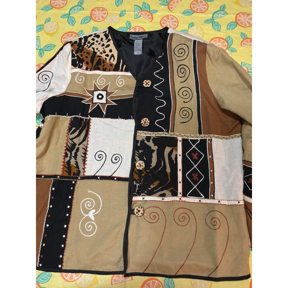 Indigo Moon Patchwork Jacket Womens L Multicolor Animal Print Boho Art To Wear‎